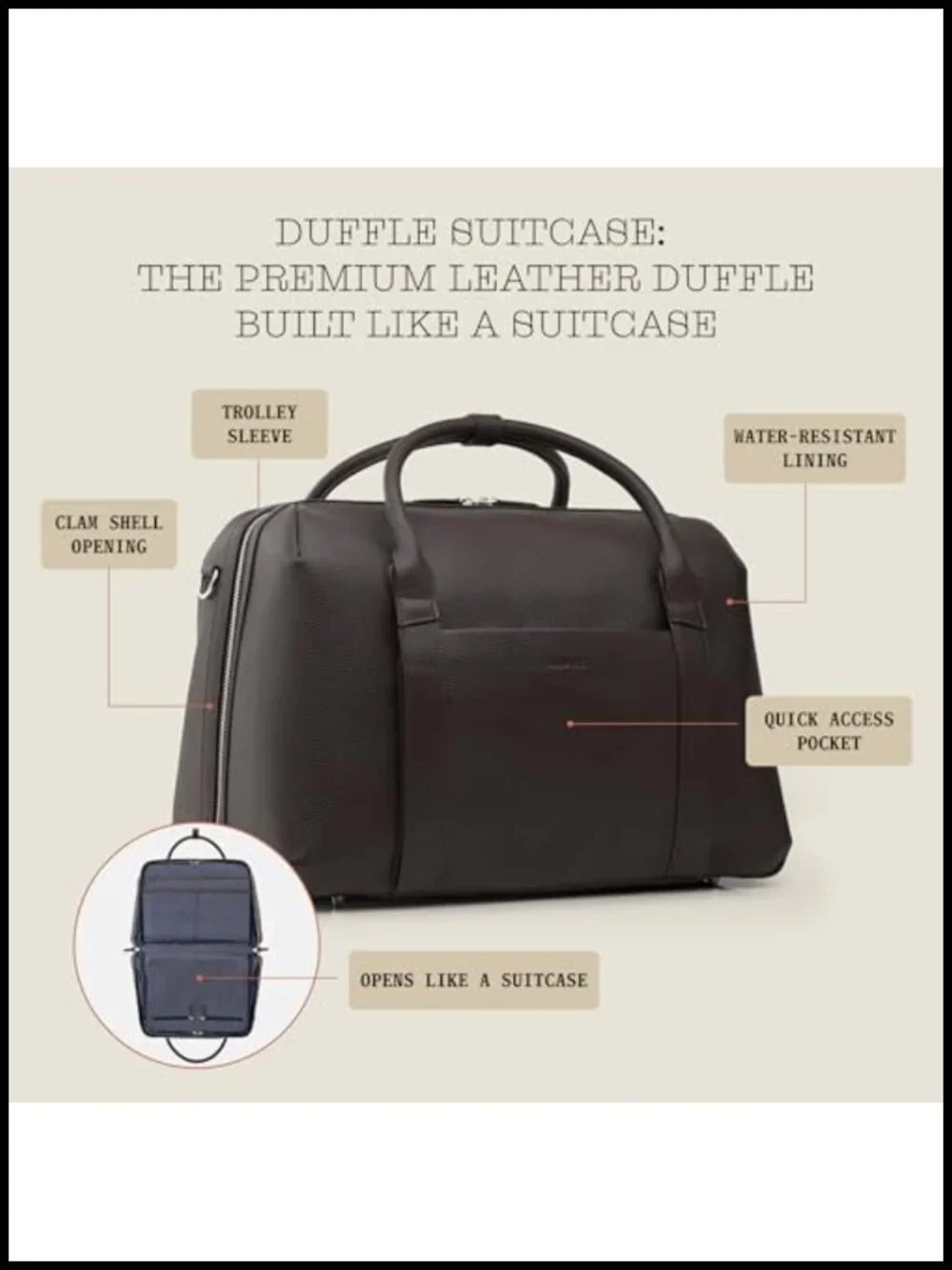 Full-Grain Leather Travel Duffle, Personal Item, Laptop Compartment, 33L,